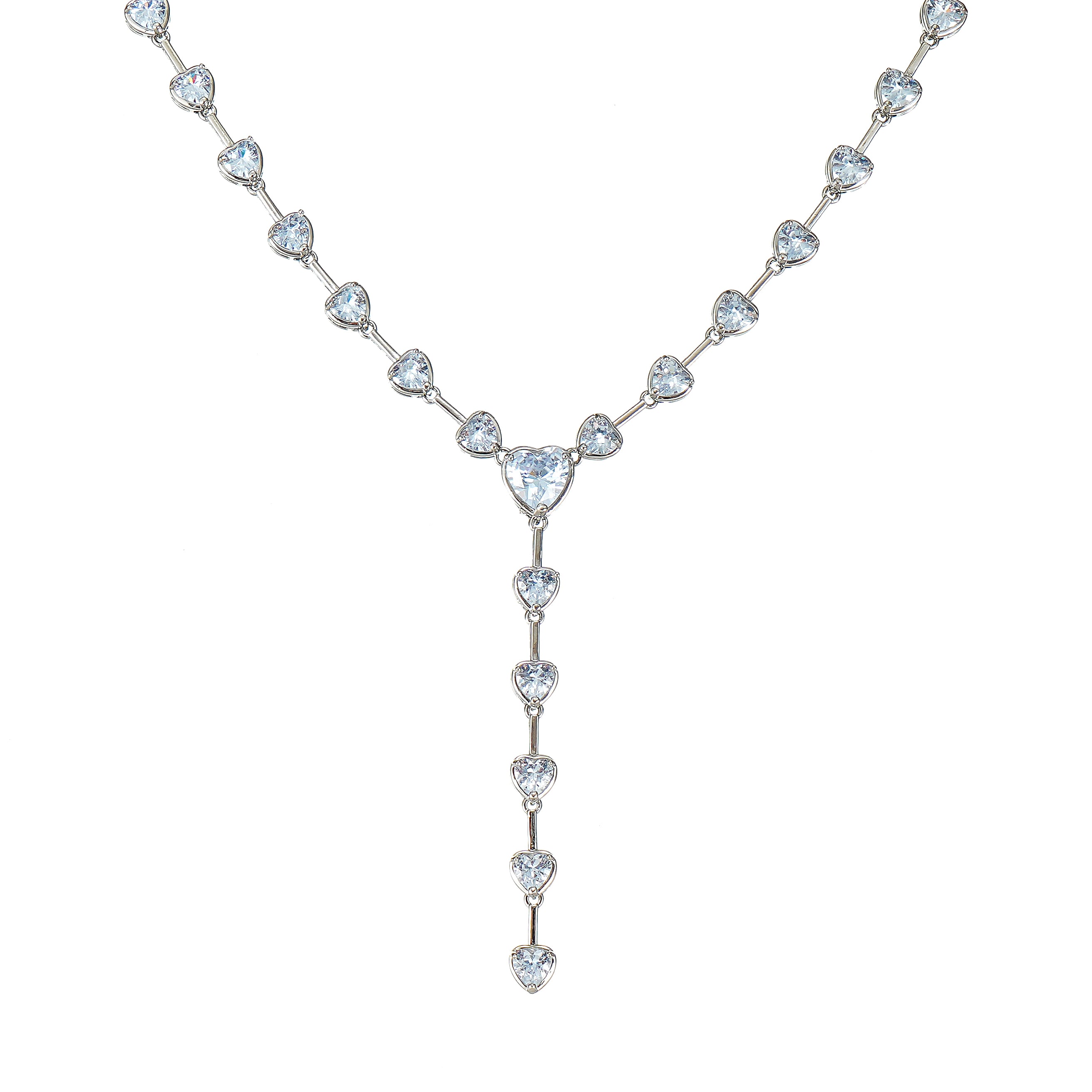 A heart-cut tennis necklace with sparkling simulated diamond CZ stones.