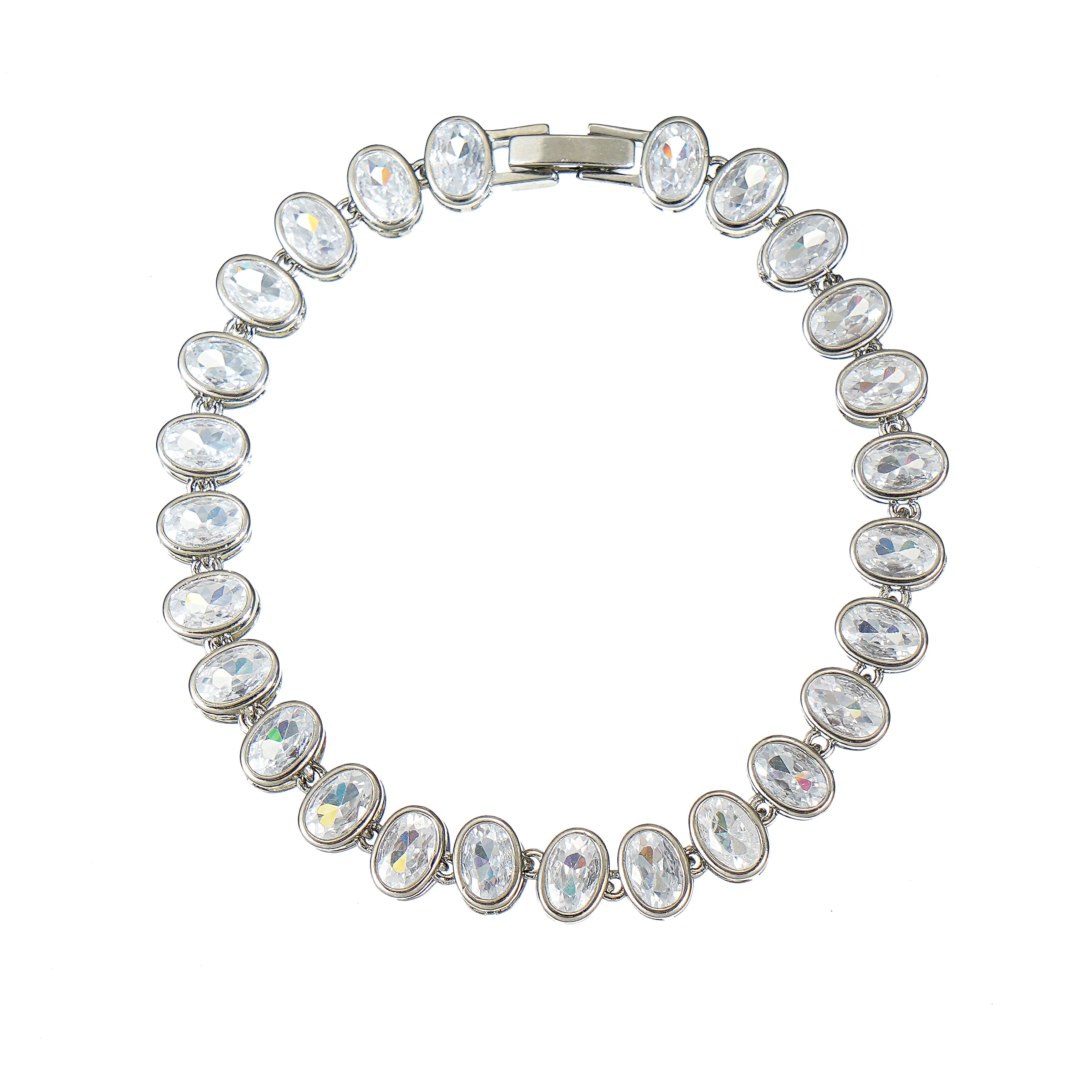 A tennis bracelet featuring oval-shaped sparkling simulated diamond CZ stones.