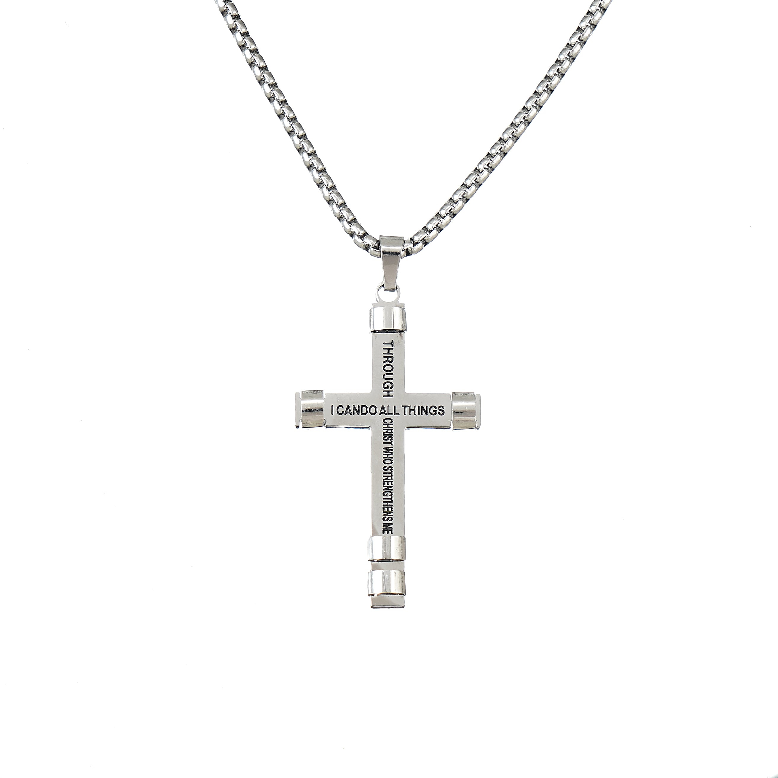 " I can do all things through Christ who strengthens me" Cross Necklace in Surgical water resistant Stainless Steel 24 inch
