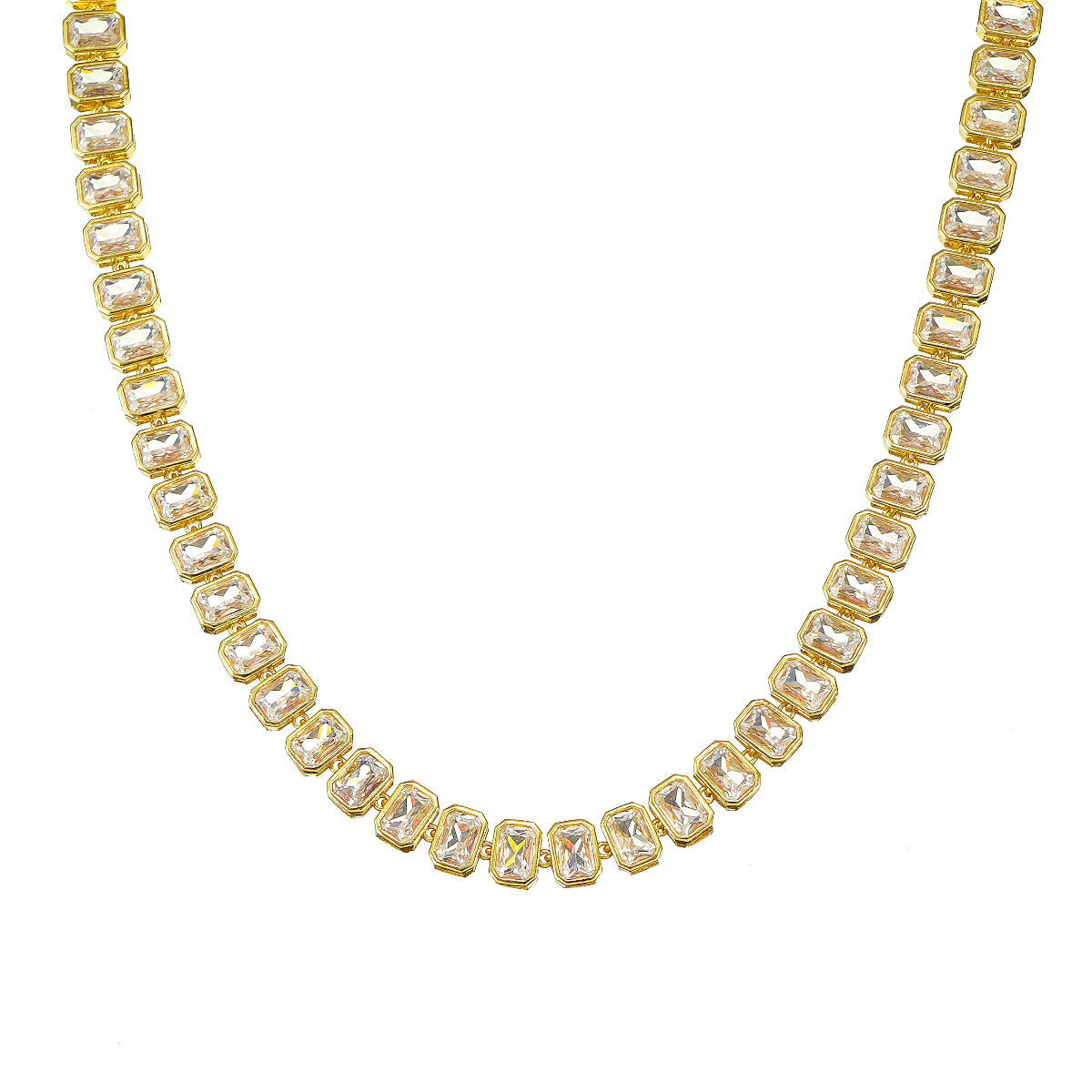 A gold-plated tennis Choker necklace with emerald-cut bezel-set clear cubic zirconia stones.