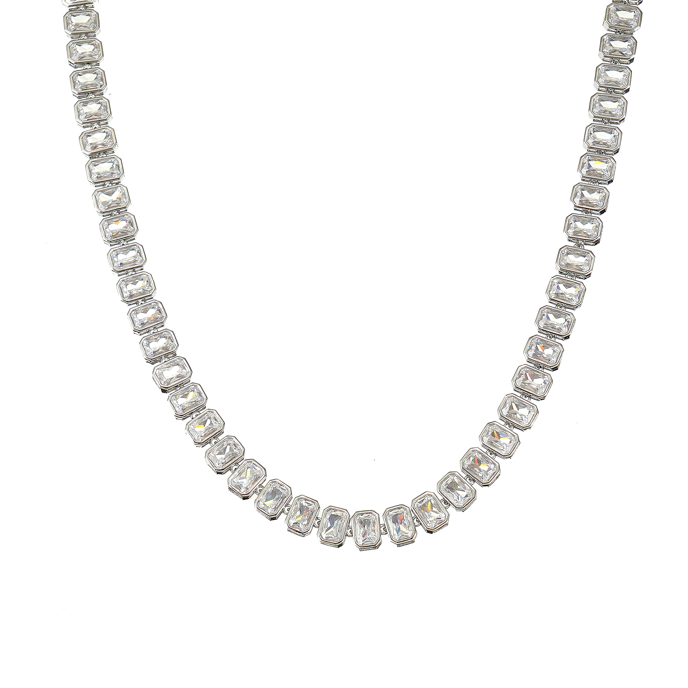 A silver-plated tennis Choker necklace with emerald-cut bezel-set clear stones.