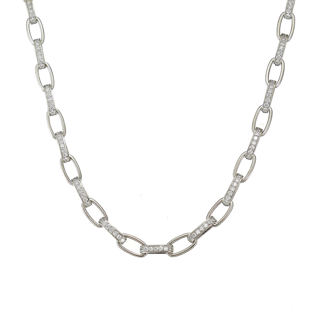 Paper clip chain Necklace with pave simulated diamond in Brass 16 inch