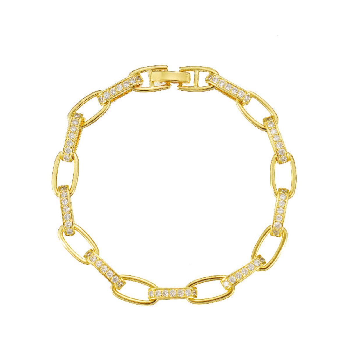 Paper Clip Bracelet in Yellow Gold Plating with Pave Simulated Diamond 7inch