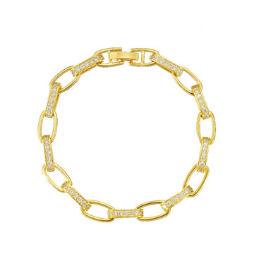 Paper Clip Bracelet in Yellow Gold Plating with Pave Simulated Diamond 7inch
