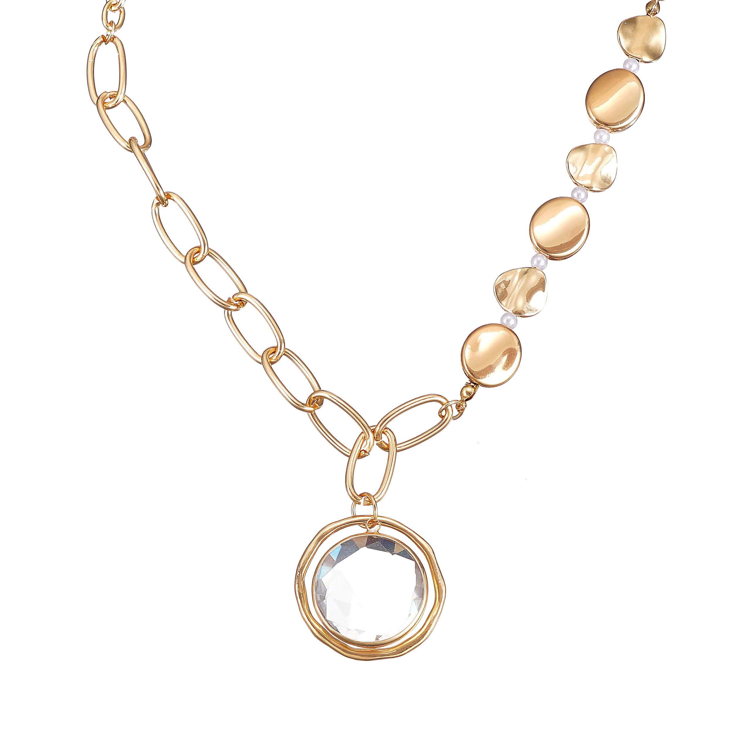 Designer Necklace with Crystal Medalion in Yellow Gold Over Brass
