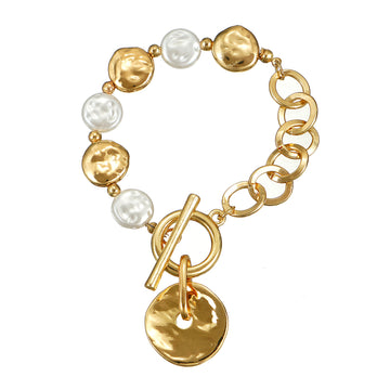 Coin Pearl and Coin Charm Bracelet in Yellow Gold Over Brass and T lock
