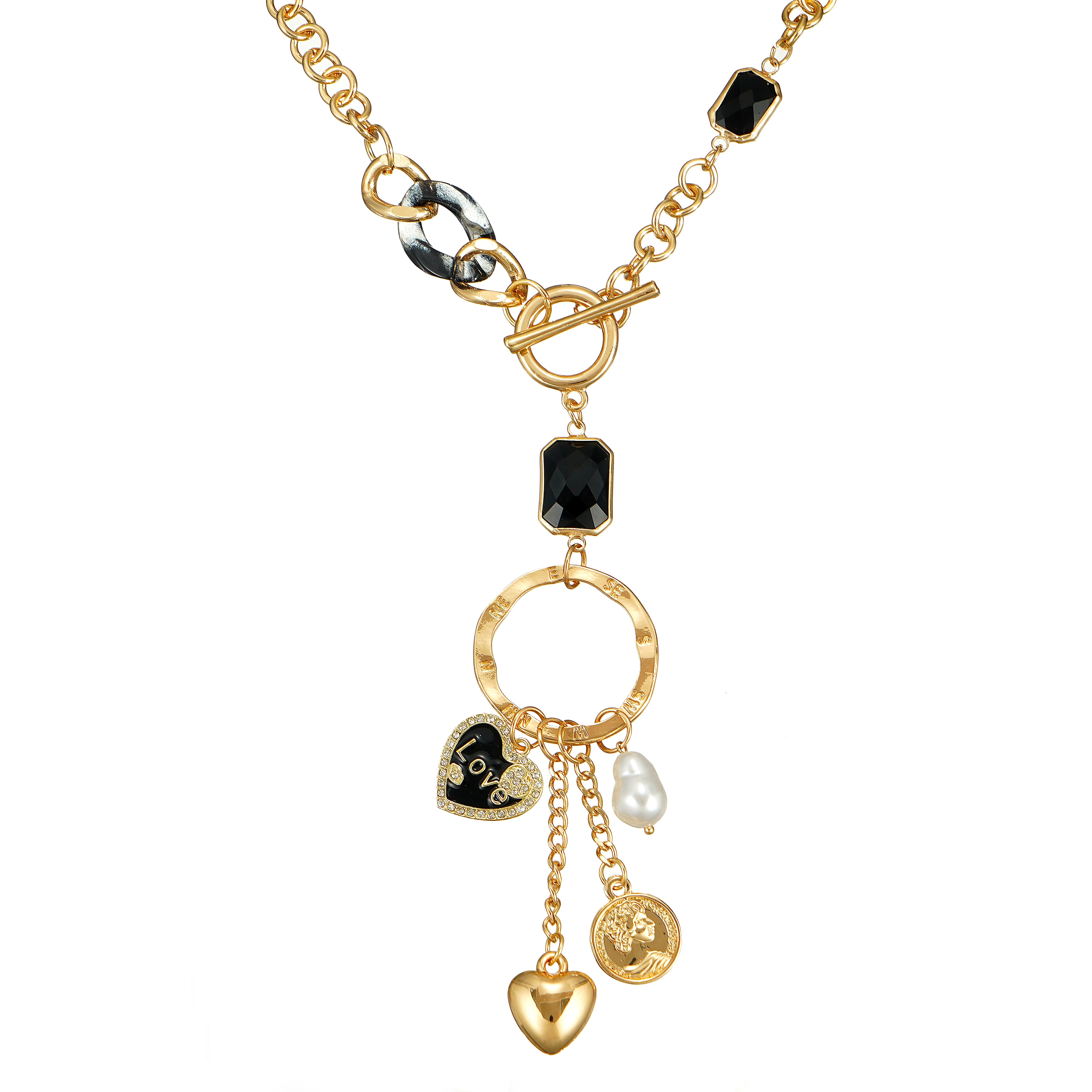 Love Luck Multi Charm Lariat Necklace in Yellow Gold Plating

