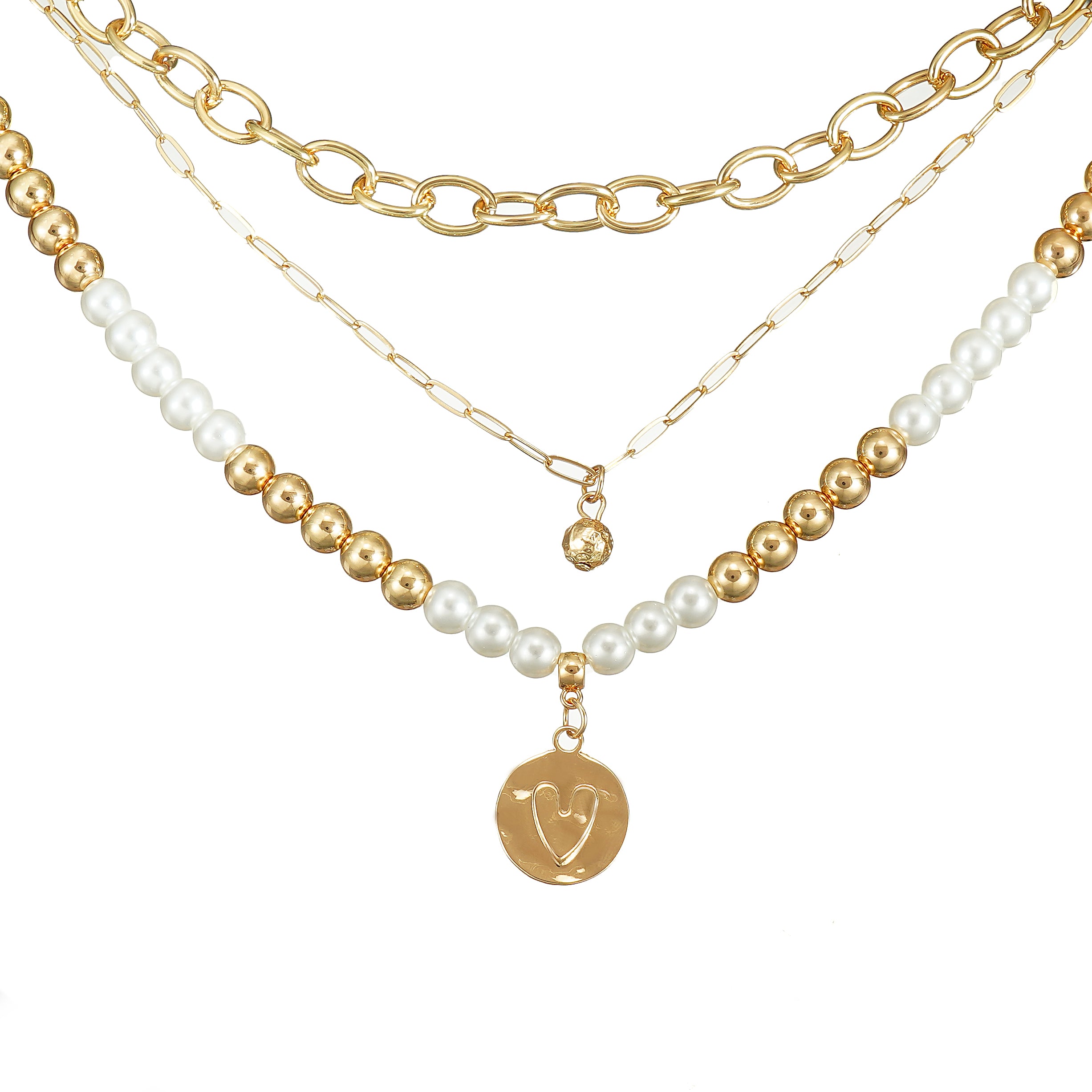 Layered Pearl Coin Necklace in Yellow Gold Over Brass
