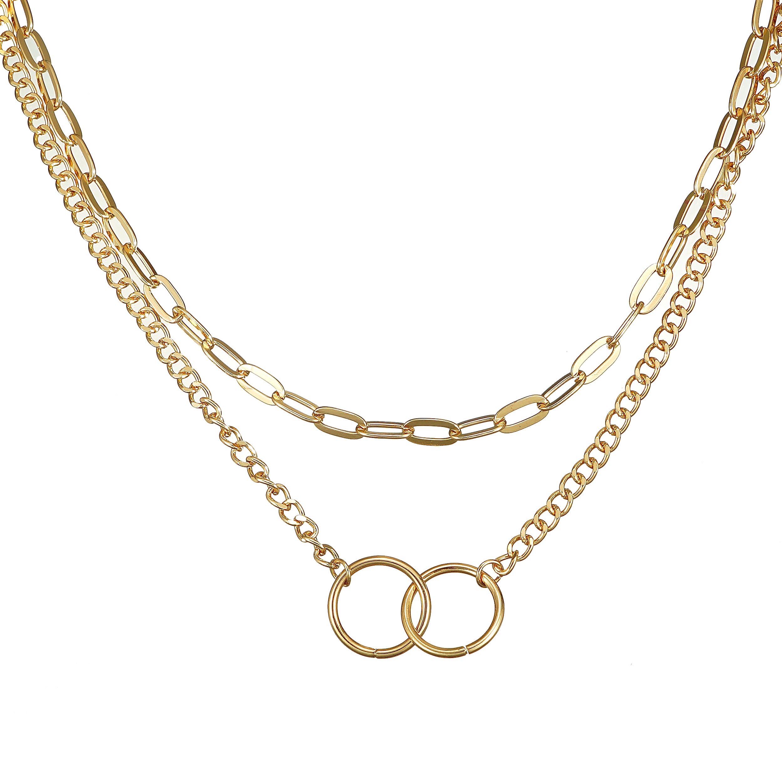 Double Layered Chain Double Circle Necklace in Yellow Gold plating