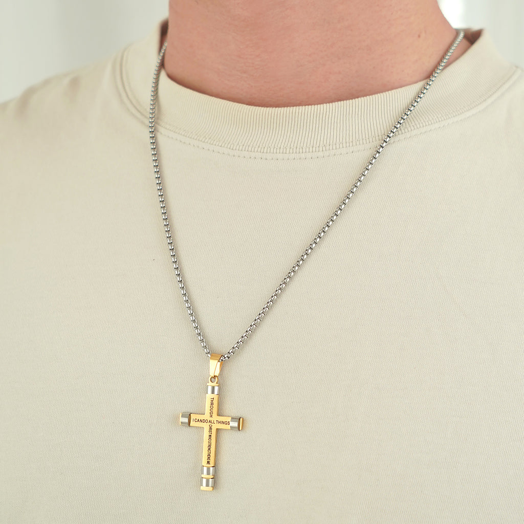 " I can do all things through Christ who strengthens me" Cross Necklace in Surgical water resistant IP Yellow Gold Plated Stainless Steel 24 inch