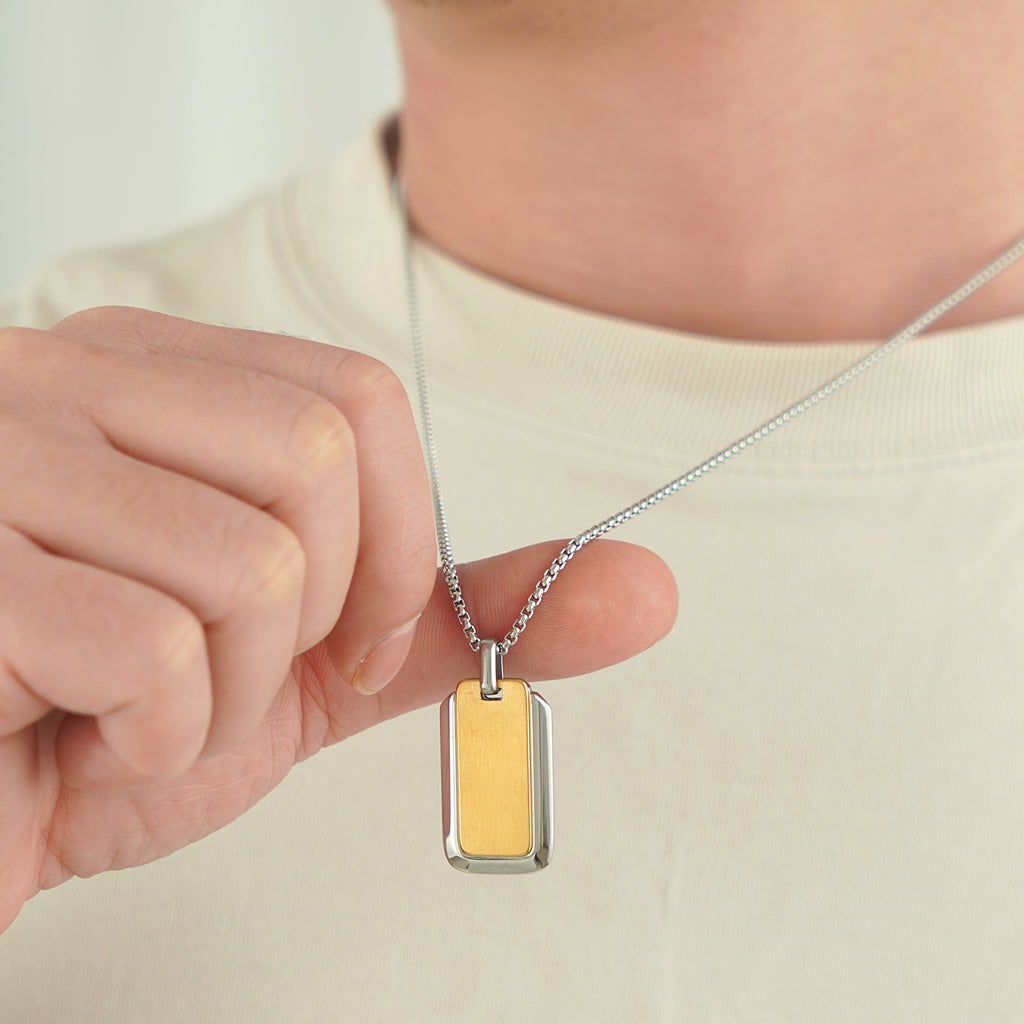Mens Dog Tag Pendant Necklace in IP Yellow Gold Over Stainless Steel 24 inch