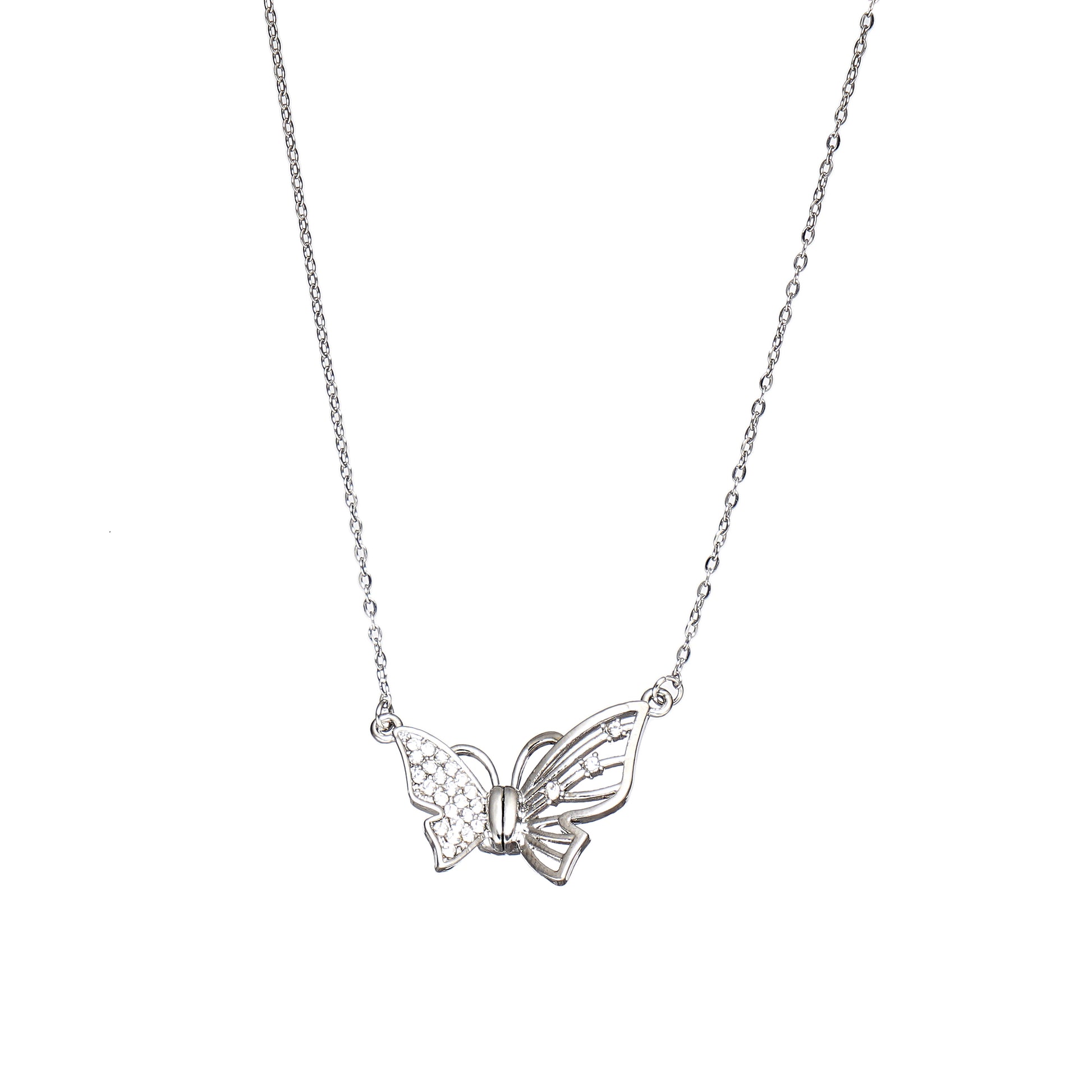 Butterfly Necklace with Magnetic Opening in Brass and Simulated Diamond 18"with 2" extender