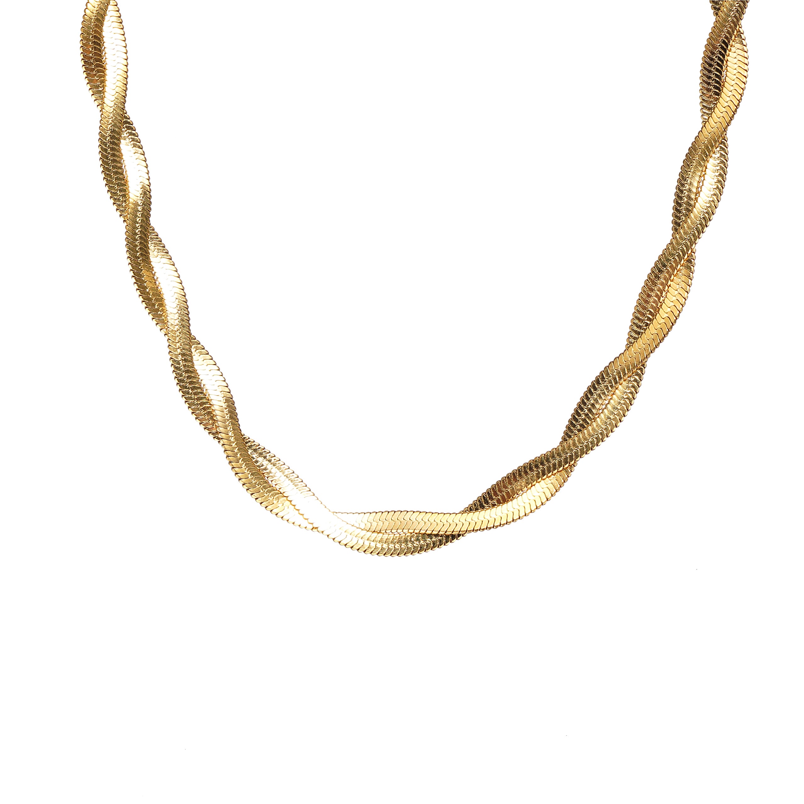 Twisted double layered Herringbone Chain Necklace 18 inch with 2 inch extender in Yellow Gold IP 316 Surgical Stainless Steel