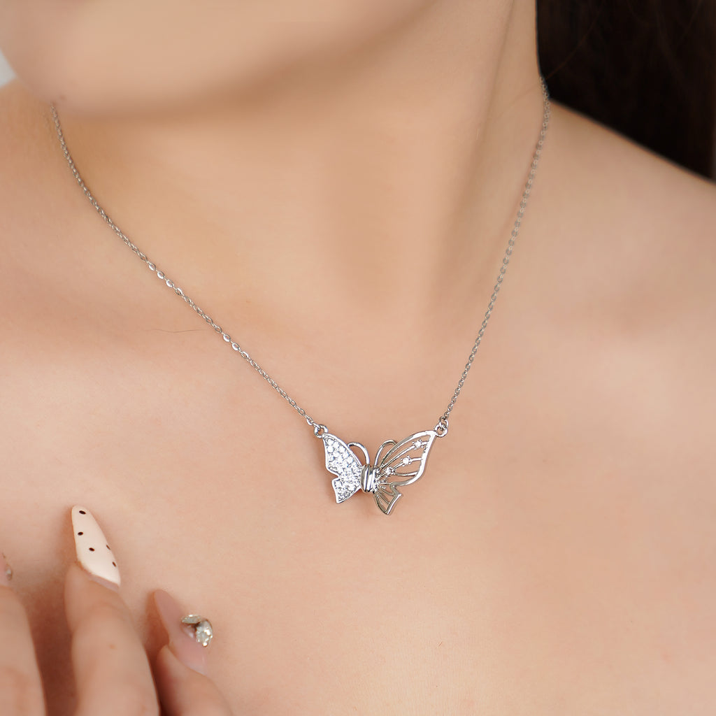 Butterfly Necklace with Magnetic Opening in Brass and Simulated Diamond 18"with 2" extender
