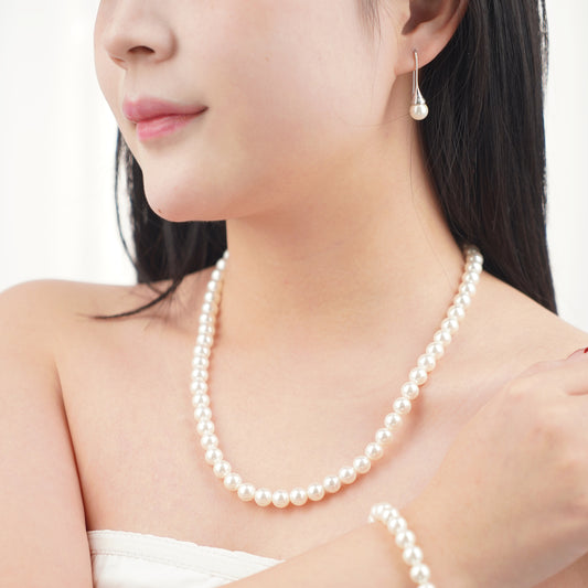 Classic 8mm Round White Shell Pearl Set Necklace 18inch, Bracelet 7inch and Earrings with Steel Lock