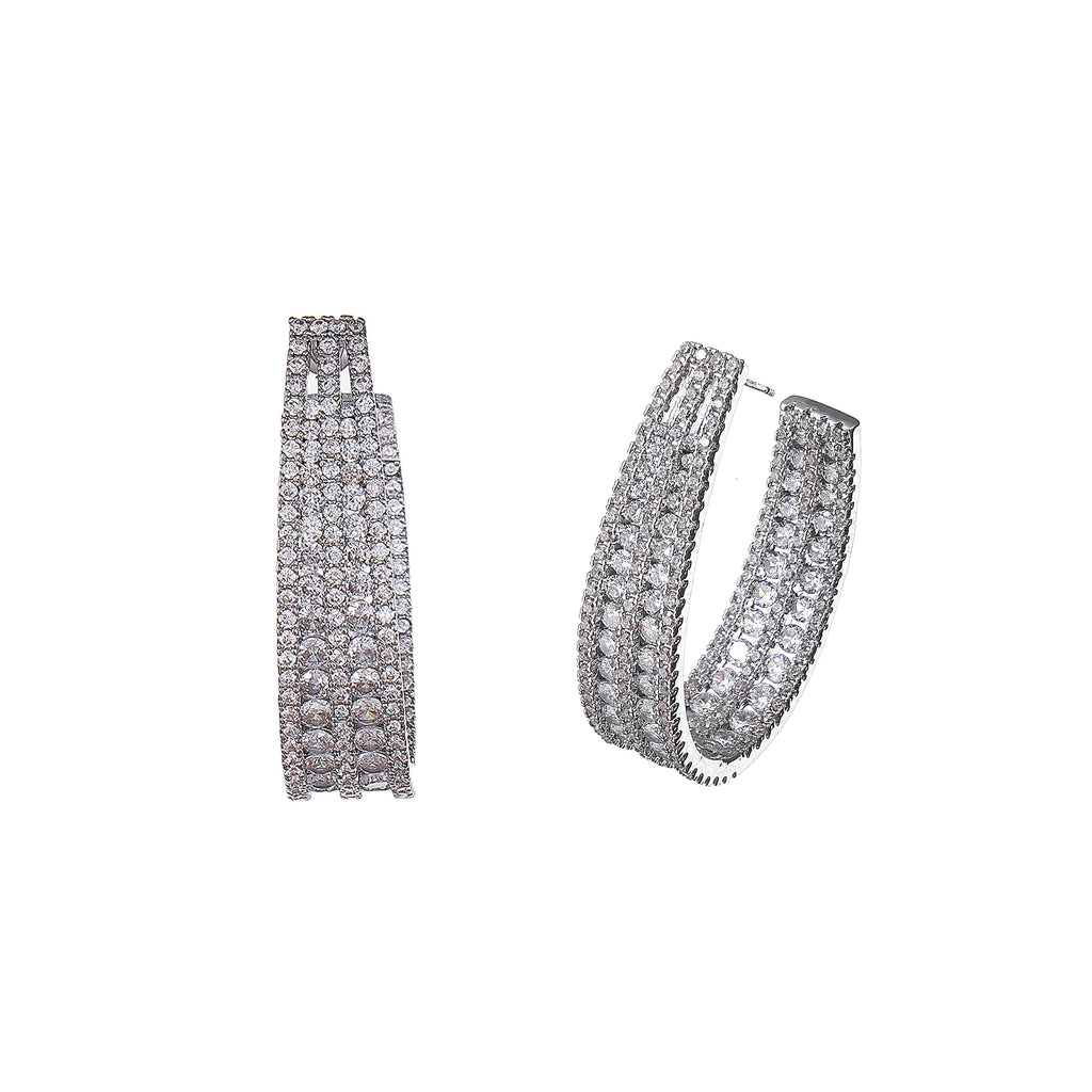 Inside out Statement Hoop Earring with Simulated Diamond in Brass and Silver post- Stars and Vogue