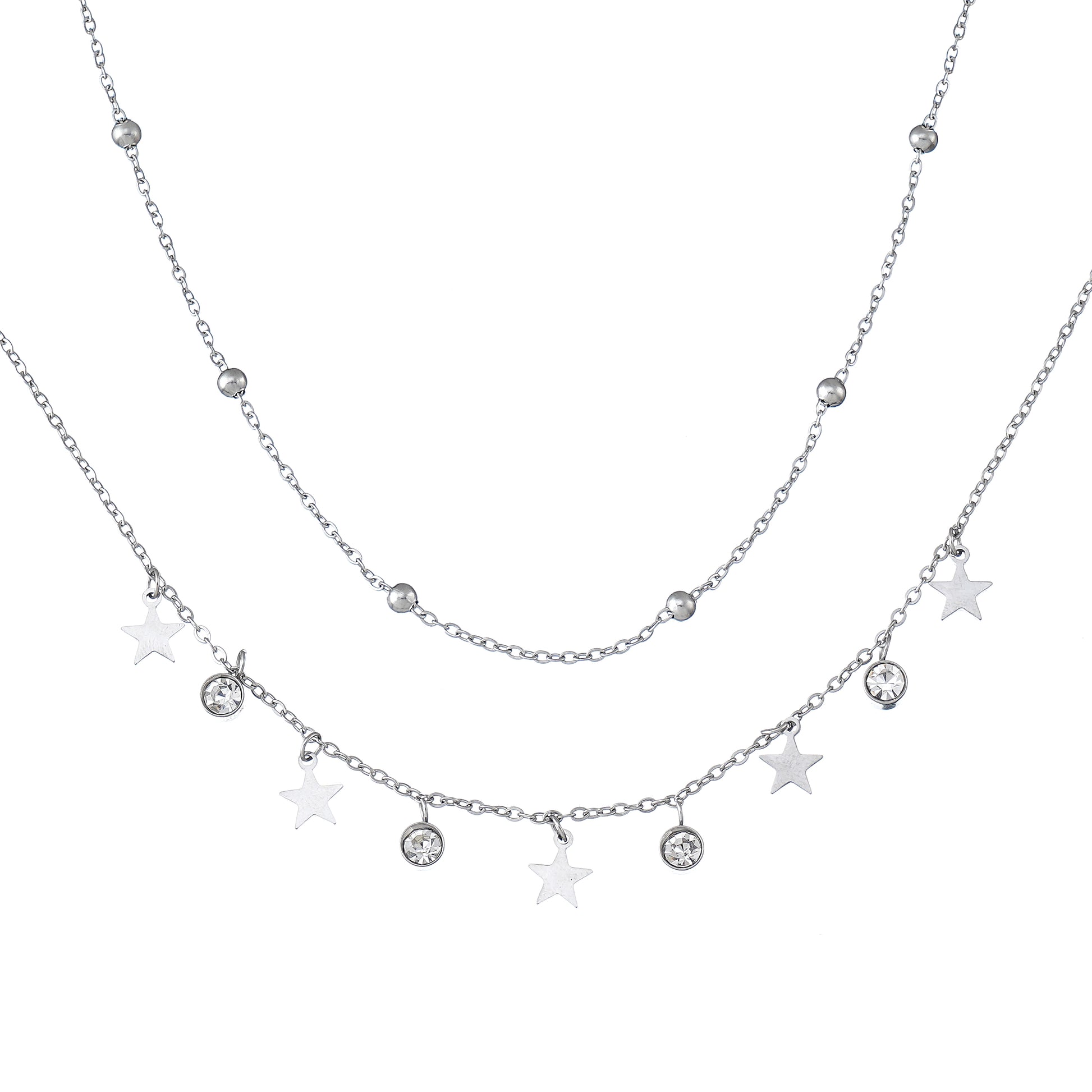 Star Charm Layered Necklace with Diamond Simulated in Stainless Steel 18"+2" extender- Stars and Vogue