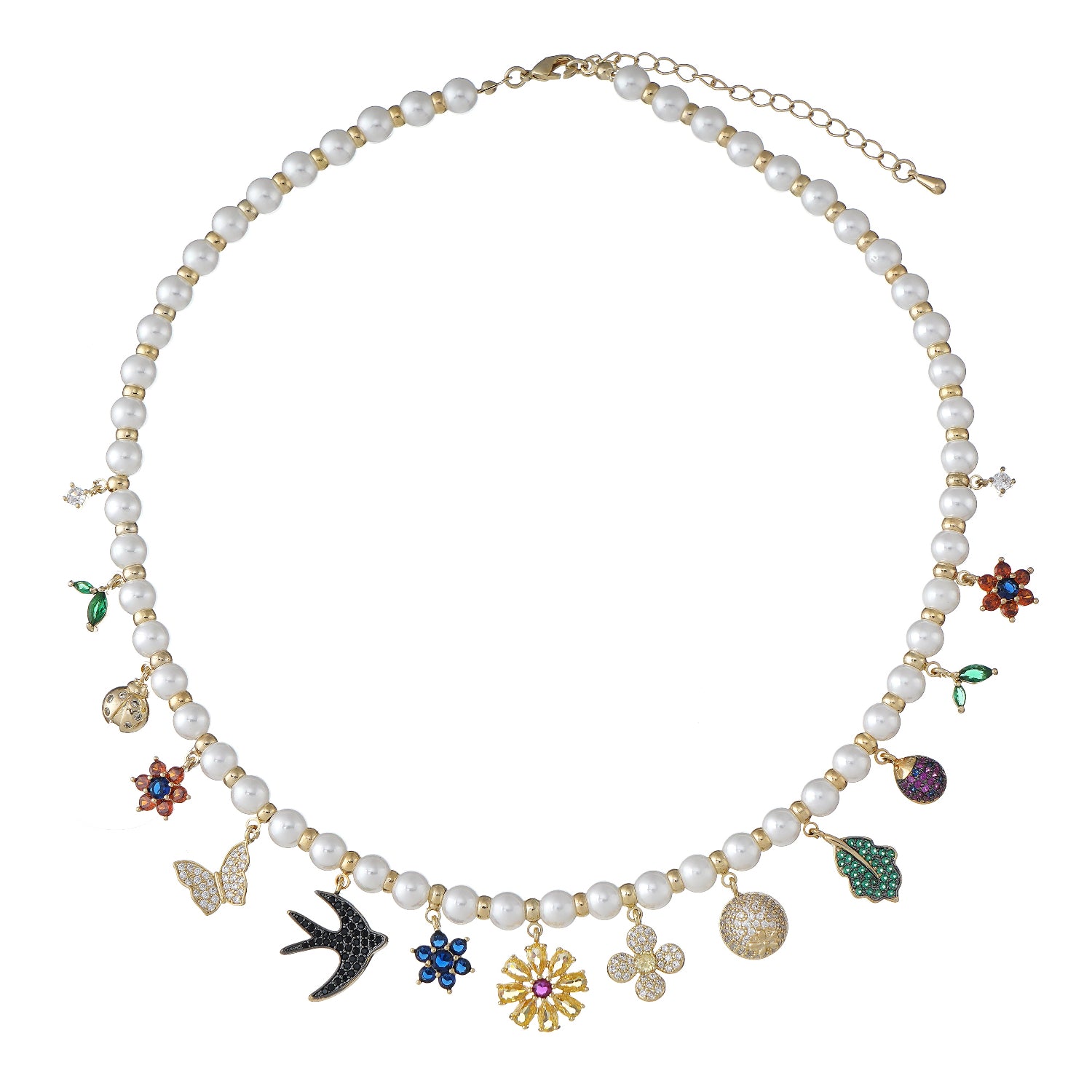 Necklace with Fresh Water Shell pearl  and various colorful charms on a white background-Stars and Vogue