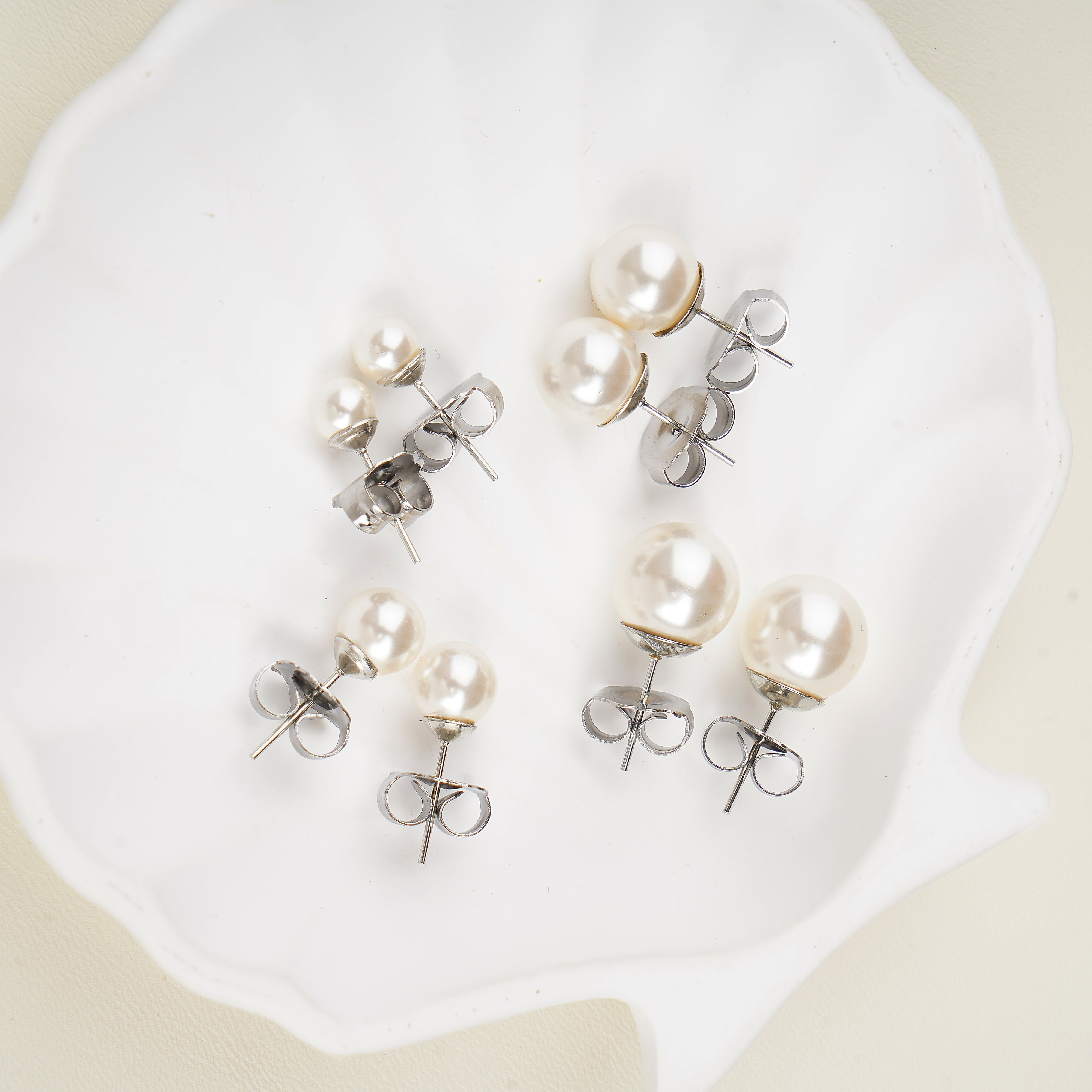 Classic Set of 4 White Shell Pearl Earrings
