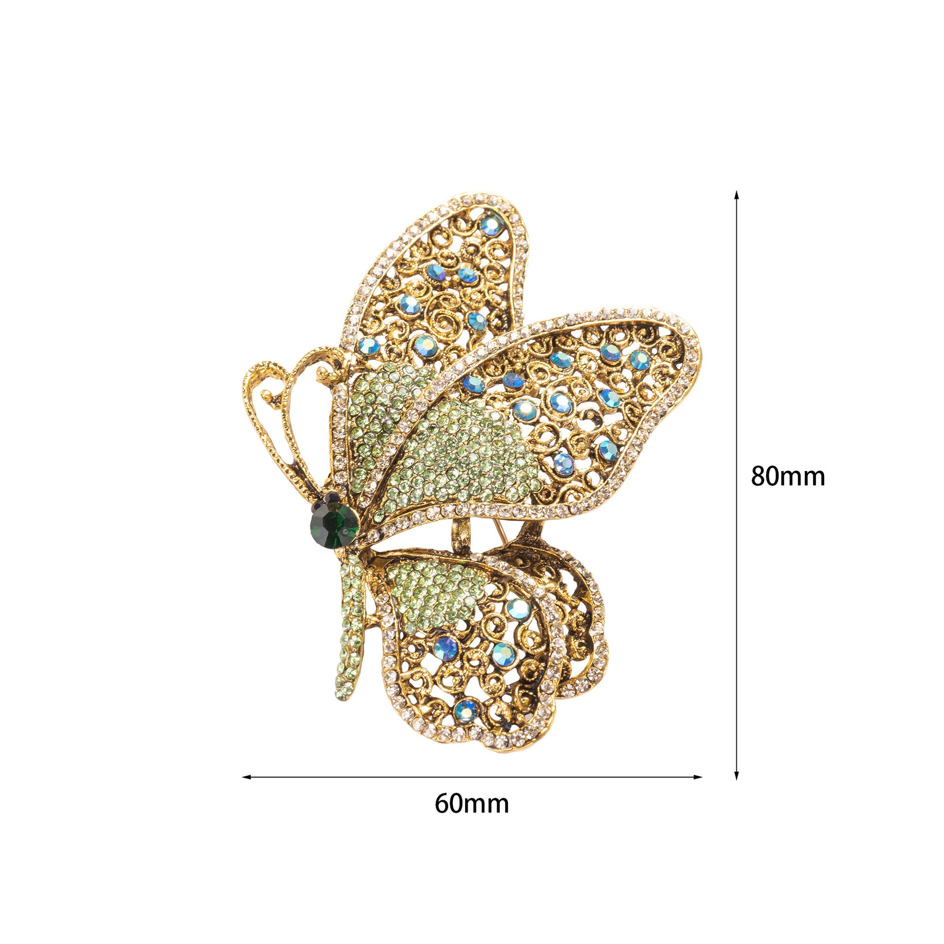 Butterfly-shaped brooch with gemstones and dimensions on a white background