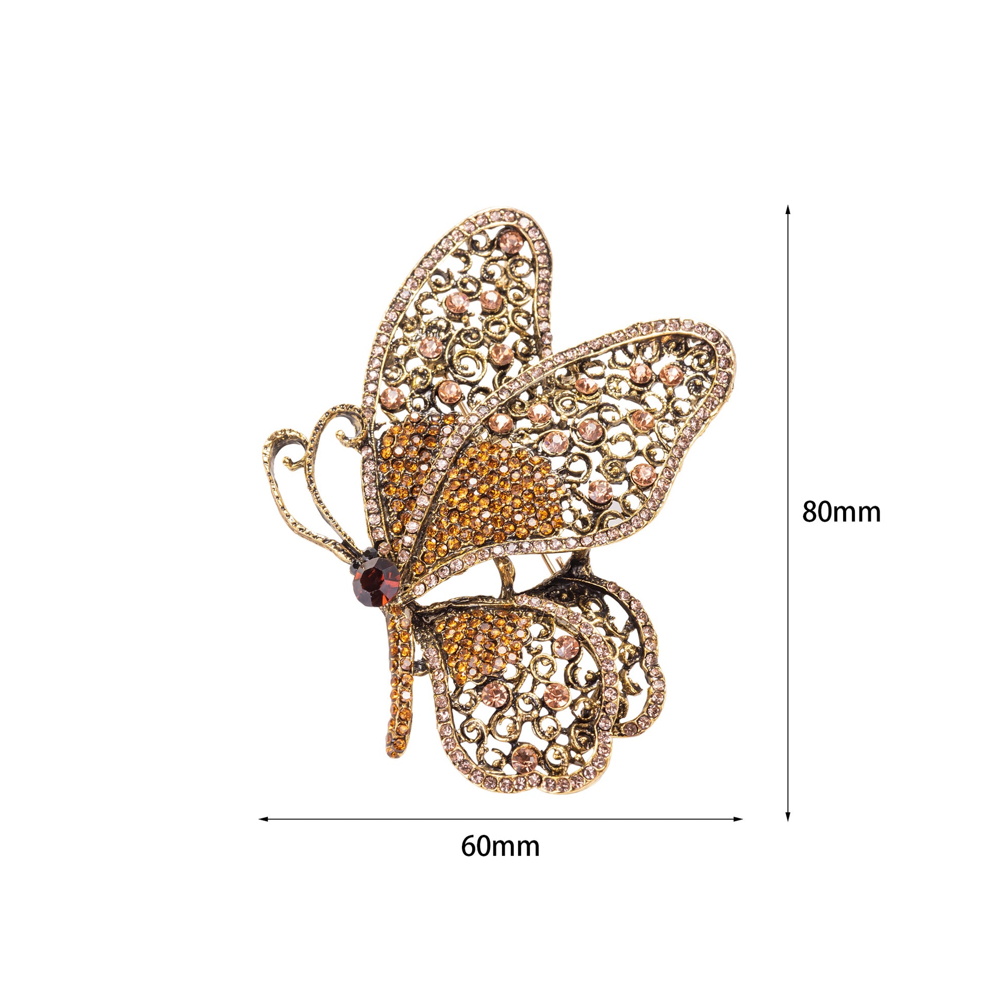 Butterfly-shaped brooch with intricate design and gemstones, shown with measurements on a white background.