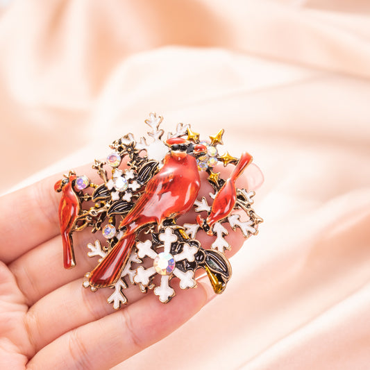 Christmas Vintage Cardinal Family Enameled Brooch Pin Jewelry