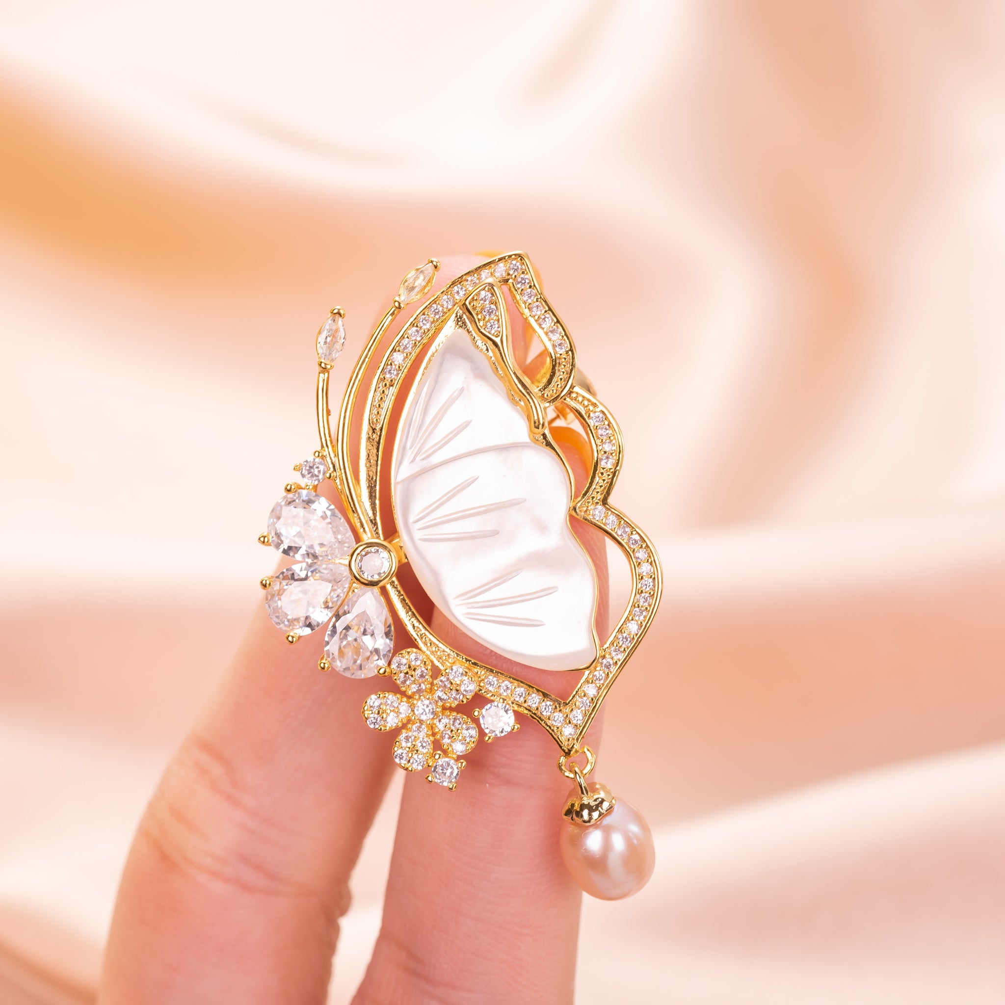 Butterfly Brooch Pin in Mother Of Pearl, Peach drop Pearl and CZ Jewelry in Yellow Gold Over Brass and Pendant Necklace with Chain