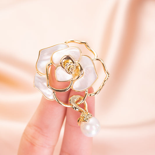White Rose Brooch Pin Jewelry with Mother of Pearl Inlay and Drop Pearl with Yellow Gold Over Brass