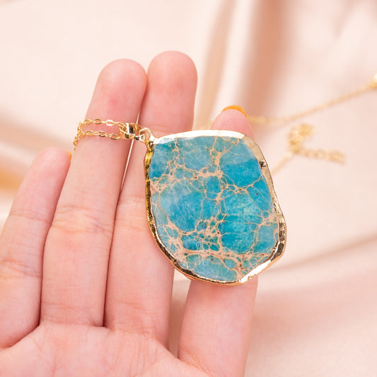 Turquoise Blue Imperial Jasper Pendant Necklace with Surgical Chain 20 inch