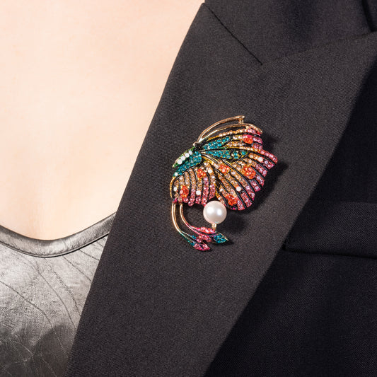Majestic Butterly Brooch Pin Enamel Jewelry with Pearl and Crystals