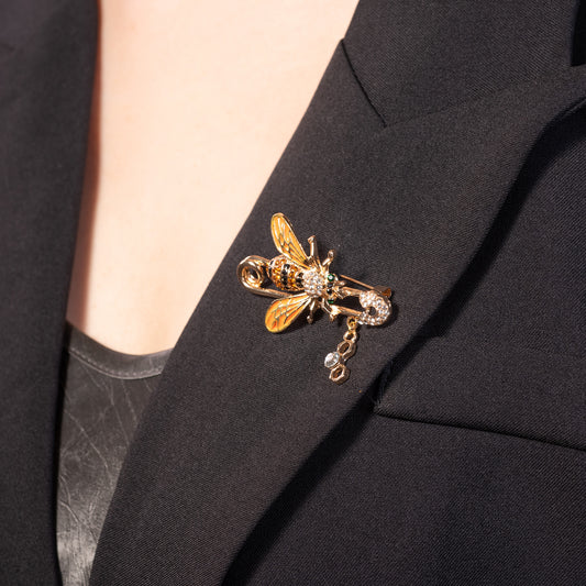 Unique Vintage Honey Bee With Dangling Honeycomb Brooch Safety Pin Enamel Jewelry with Crystals