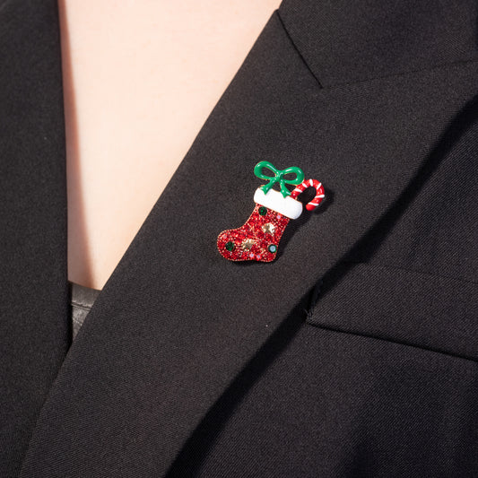 Christmas Stocking Brooch Pin Jewelry with Enamel and Sparkling Red Crystals