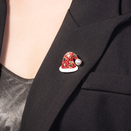 Christmas Hat Brooch Pin Jewelry with Red Crystal