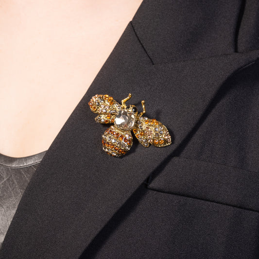 Bee Brooch Pin Jewelry with Chamapagne Crystal in Yellow Gold Over Brass with 22 inch Steel Chain