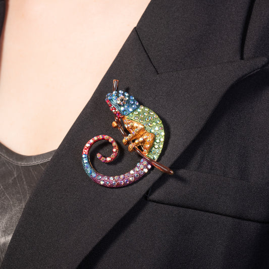 Chameleons Brooch Pin and Necklace Jewelry with Crystals and Surgical Steel Chain 20 inch