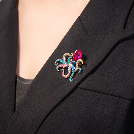 Vintage Multicolor Crystal Octopus Brooch Pin Jewelry and Pendant Necklace with Steel Chain