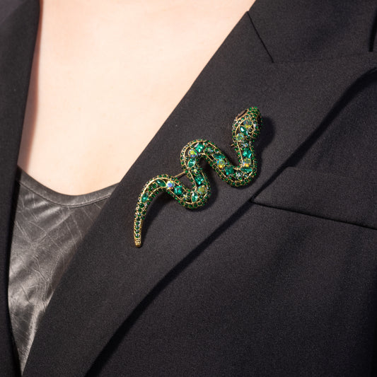 Vintage Green Enameled Snake Brooch Pin with crystals Jewelry and Pendant Necklace with Steel Chain