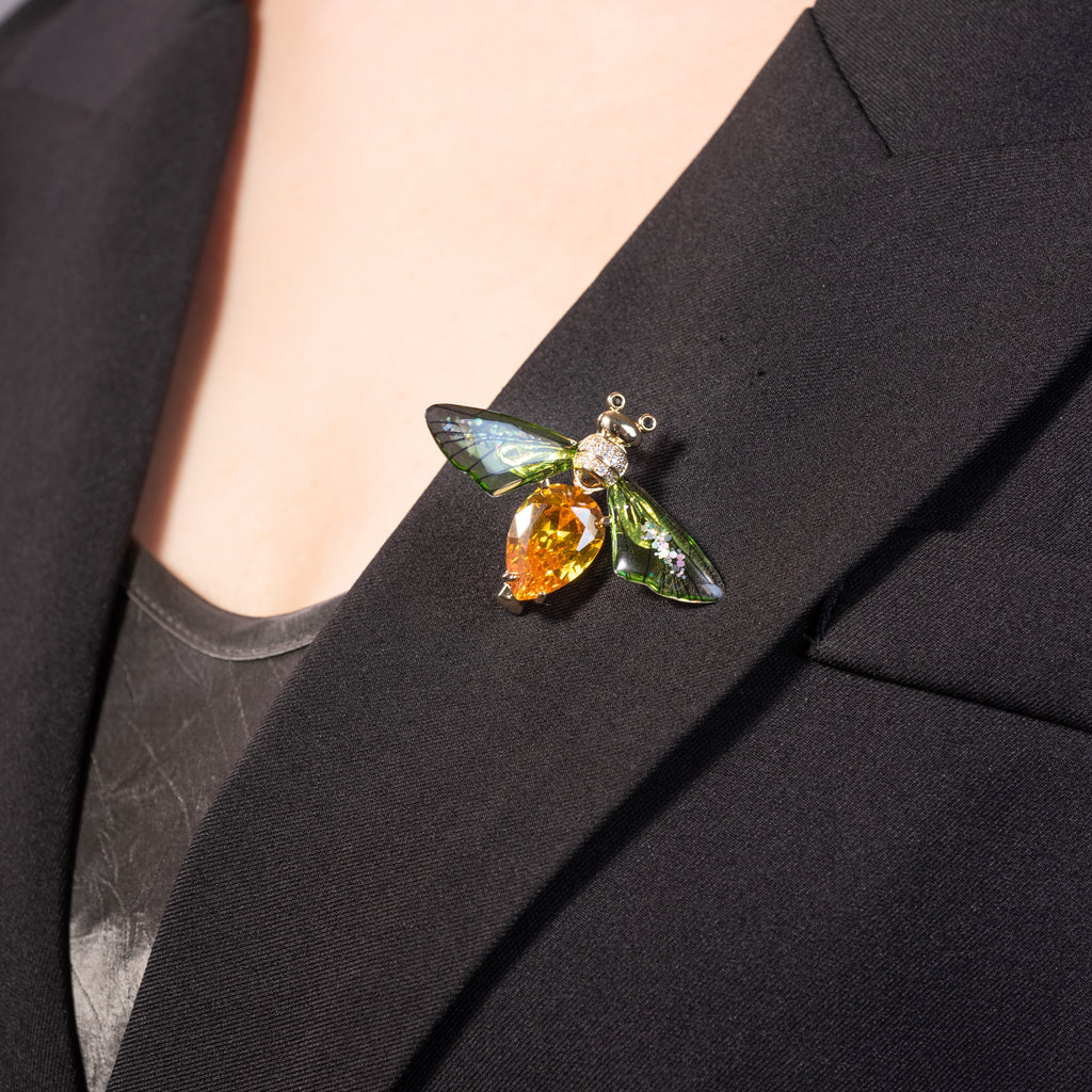 Firefly Bee Brooch Pin Jewelry with Pave Simulated Diamond and Fire CZ on Model