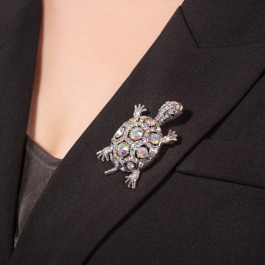 Turtle Brooch Pin and Necklace Jewelry with Mercury Mystic Crystals and Surgical Steel Chain 20 inch