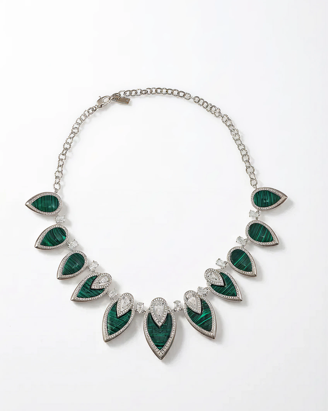 Designer Statement Necklace in Simulated Green Malachite and Pave Simulated Diamond in Brass 16"+2"extender