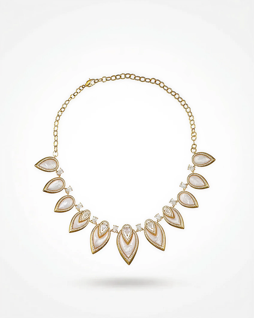 Designer Statement Necklace in Simulated White Mother of Pearl and Pave Simulated Diamond in Yellow Gold plated Brass 16"+2"extender