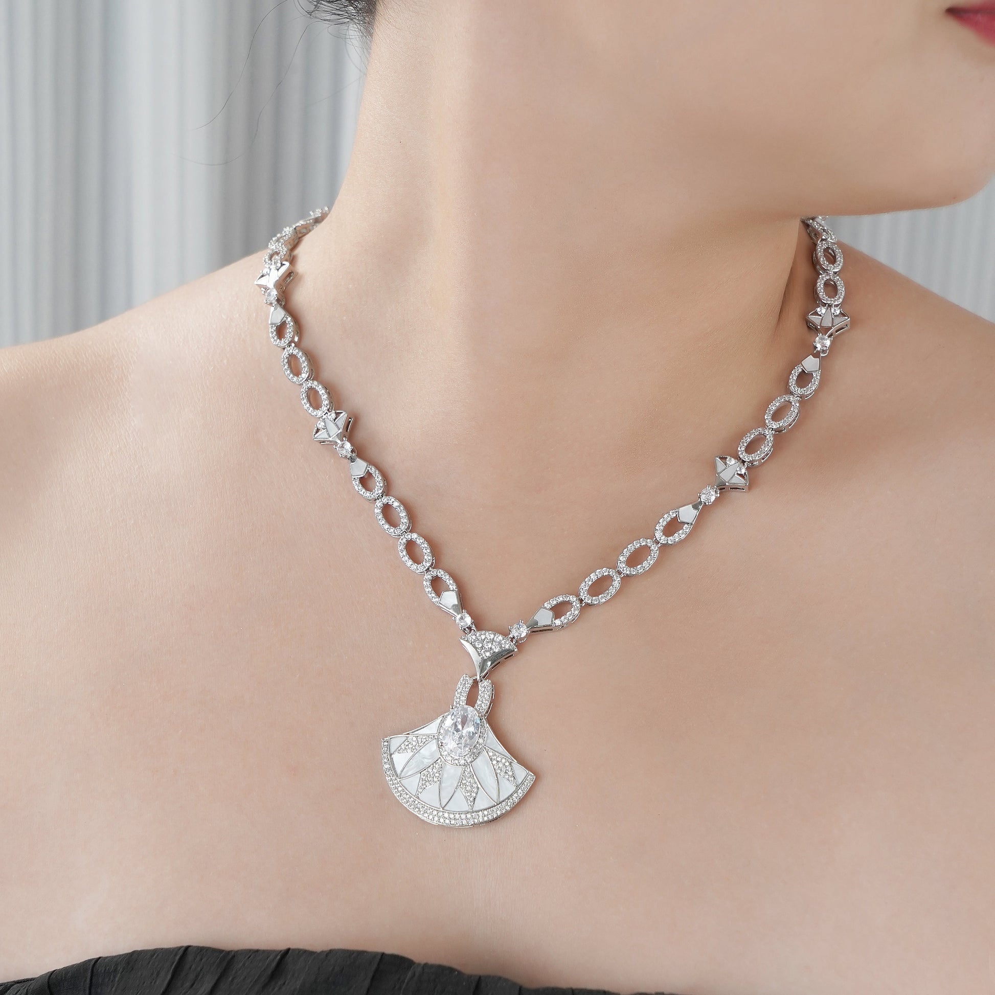 Designer Statement Fan Necklace in Mother of Pearl and Pave Simulated Diamond in Brass 18"+2" extender- Stars and Vogue