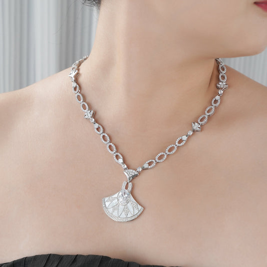 Designer Statement Fan Necklace in Mother of Pearl and Pave Simulated Diamond in Brass 18"+2" extender- Stars and Vogue