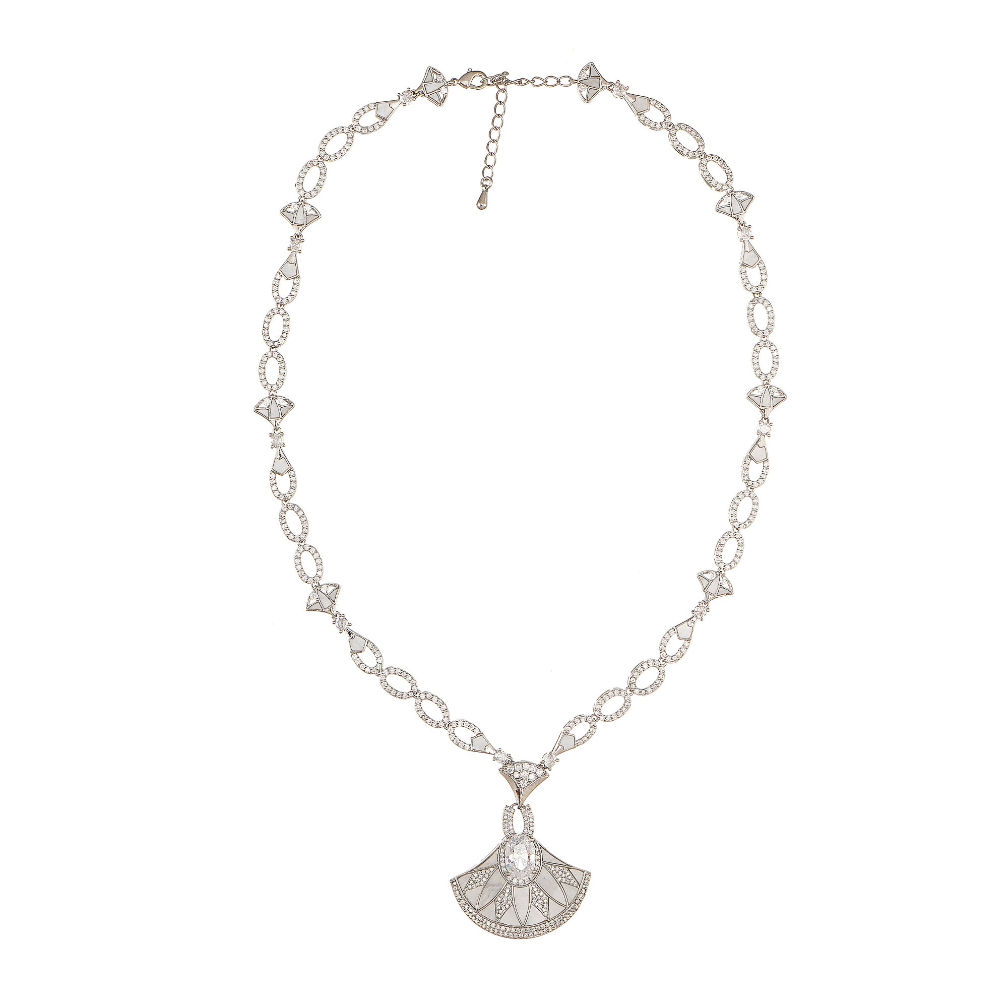Designer Statement Fan Necklace in Mother of Pearl and Pave Simulated Diamond in Brass 18"+2" extender- Stars and Vogue