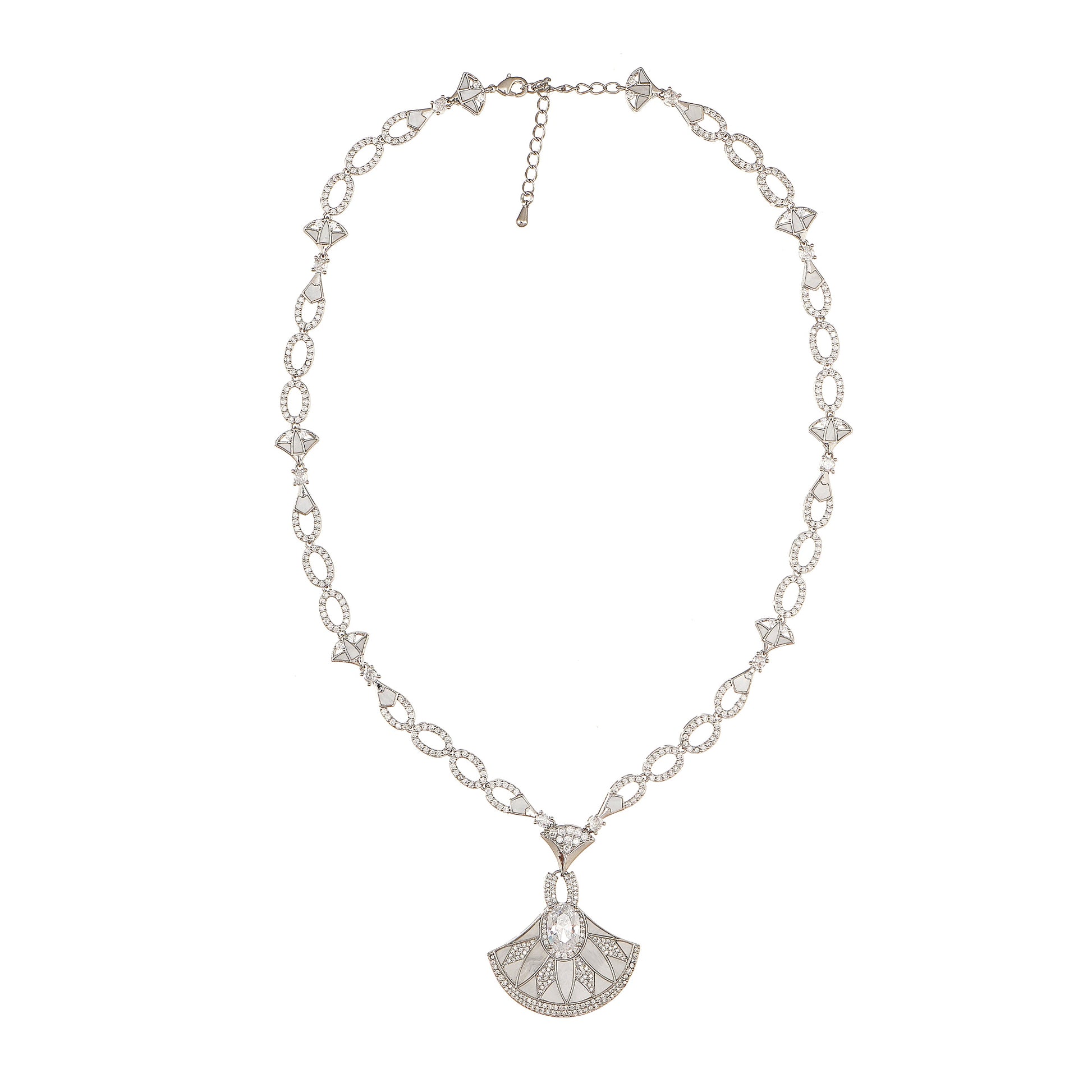 Designer Statement Fan Necklace in Mother of Pearl and Pave Simulated Diamond in Brass 18"+2" extender- Stars and Vogue