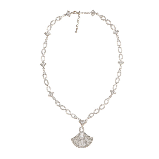 Designer Statement Fan Necklace in Mother of Pearl and Pave Simulated Diamond in Brass 18"+2" extender- Stars and Vogue