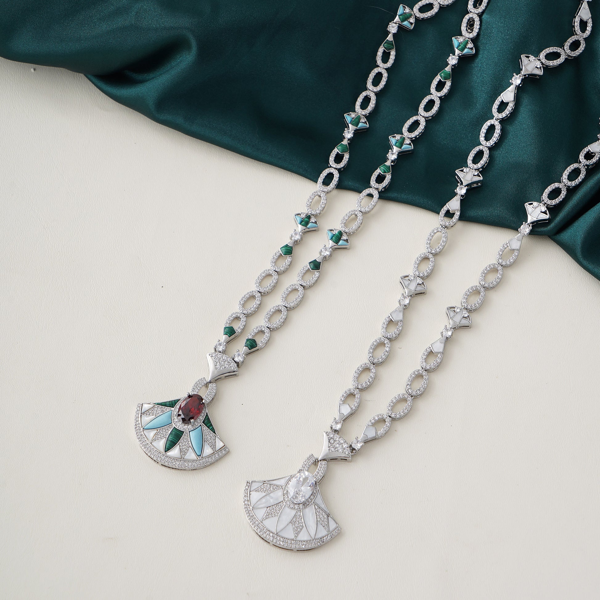 Designer Statement Fan Necklace in Mother of Pearl and Pave Simulated Diamond in Brass 18"+2" extender- Stars and Vogue