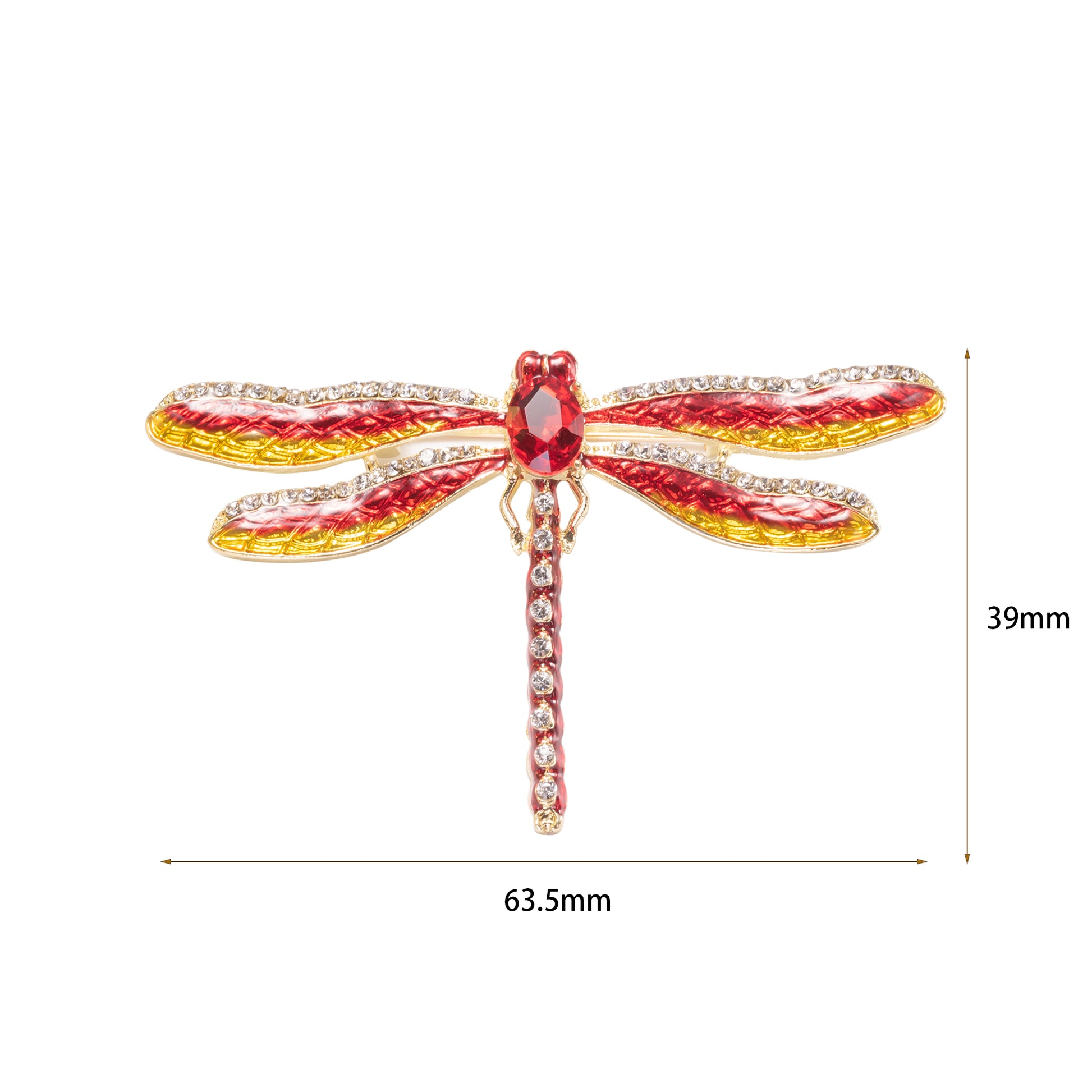 fiery red and orange enamel dragonfly brooch pin with crystal accents