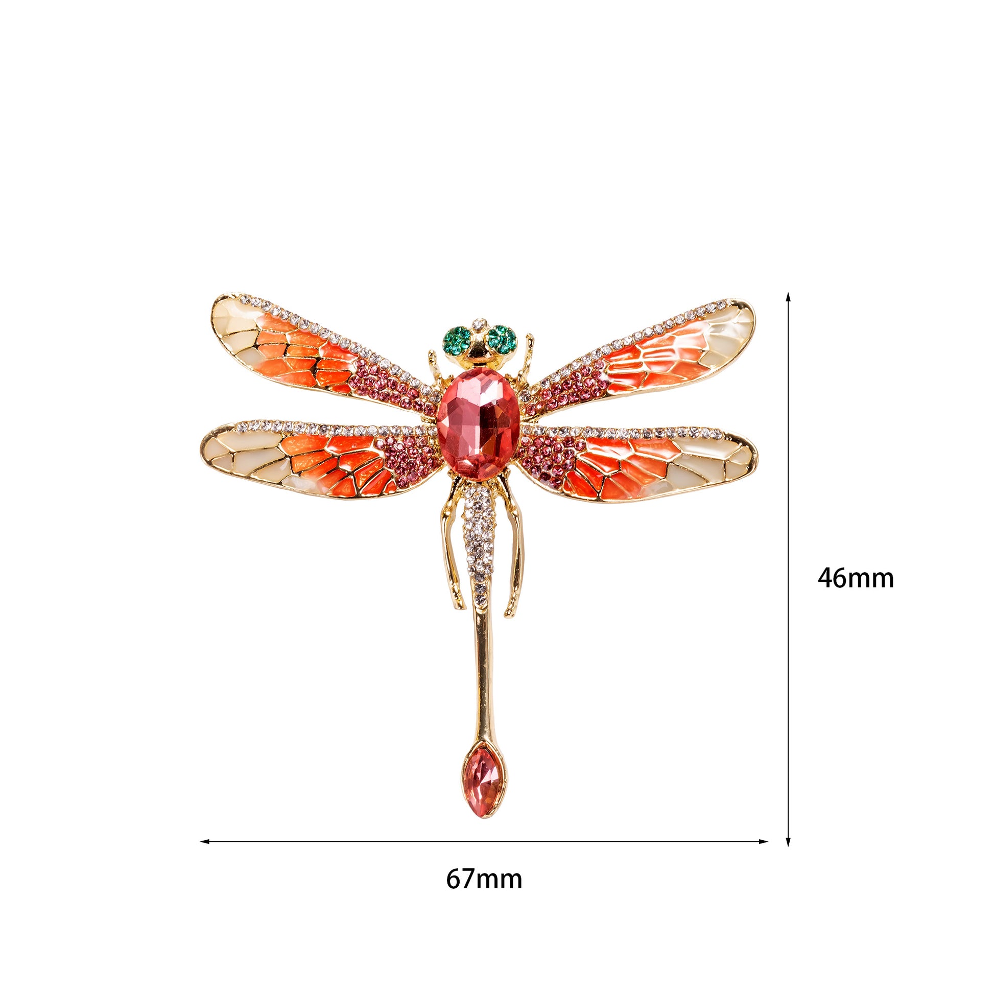 Dragonfly-shaped brooch with gemstones and dimensions on a white background