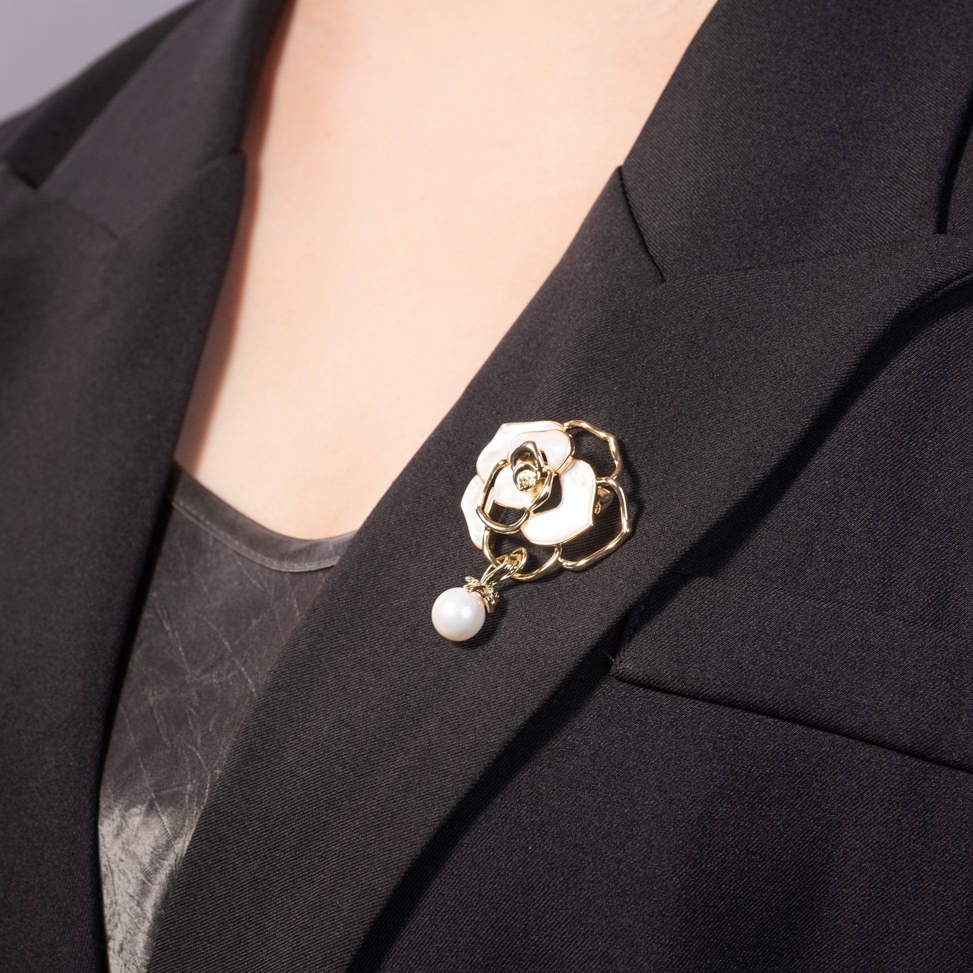 rose brooch with Mother of Pearl petals and gold over brass